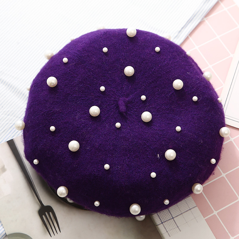 Autumn Winter Wholesale Fashion Pearl Beret Women Pearls Black Beret Cap Cashmere Beret Hat for Women