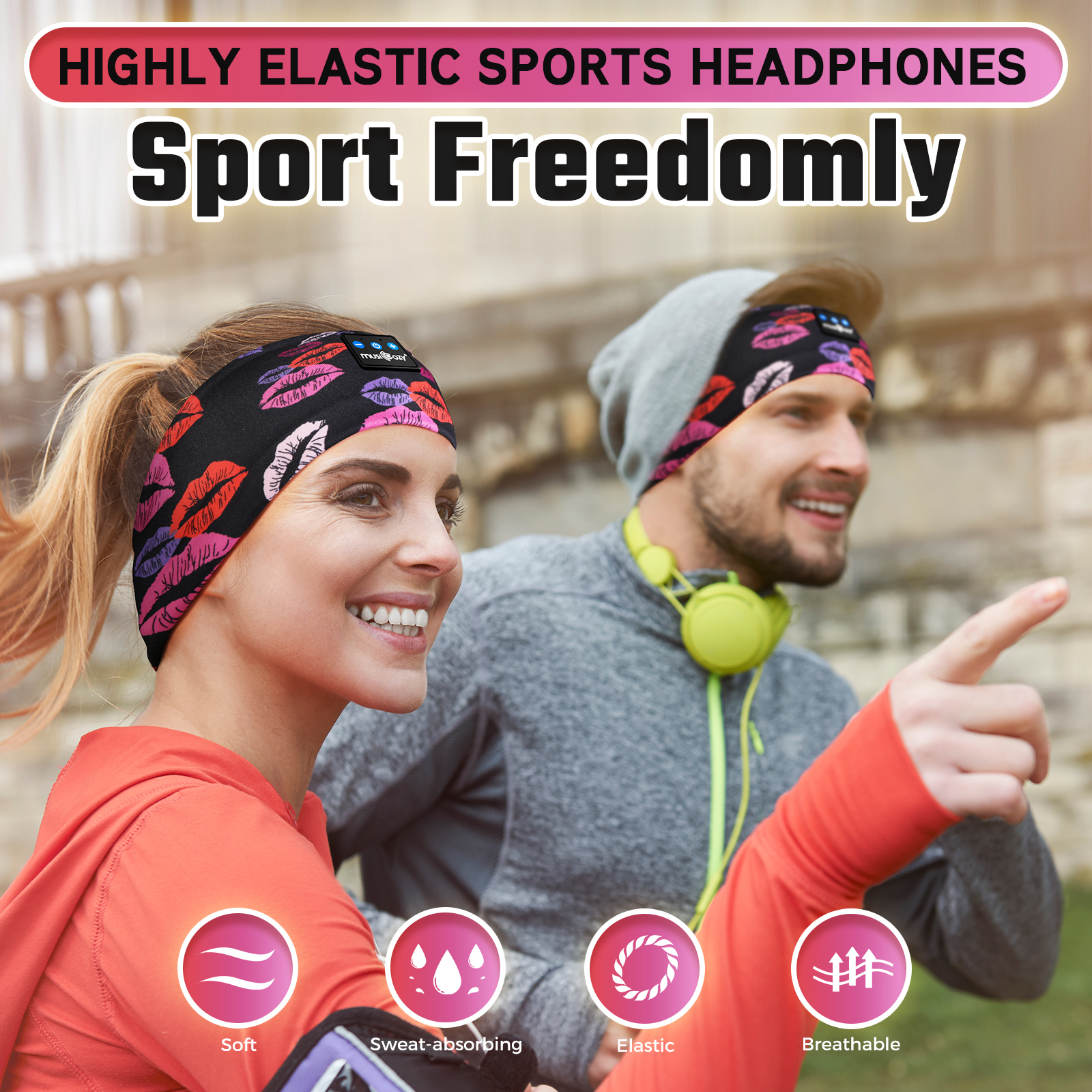 Soft Beige Wireless Music Headwrap, Breathable Sweat Absorbent 5.4 Sports Headband for Daily Workout