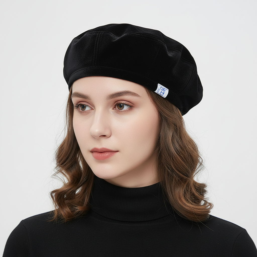 Custom Logo Black Velvet Beret Women Slouchy Soft Beret Cap for All Season Daily Use Elegant French Style Hat Luxury Pure Color