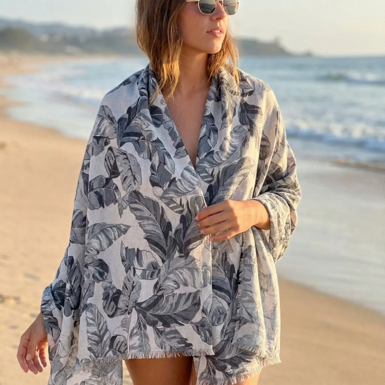 Lightweight Poly Cotton Tropical Leaf Print Fringe Shawl for Ladies Summer Beach Vacation Outfit