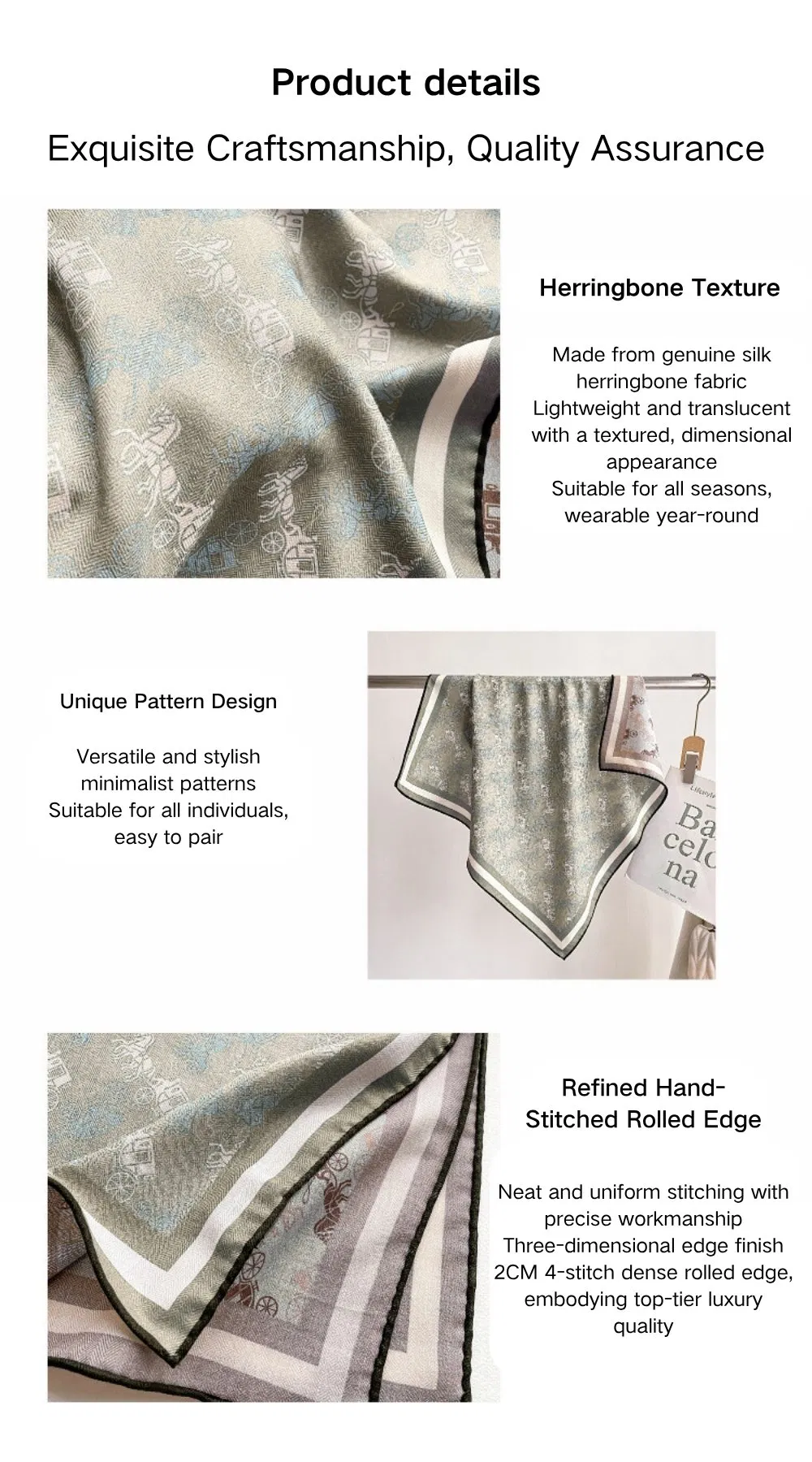 Luxury Silk Wool Blend Scarf Digital Double-Sided Printing Lightweight Square Shawl with Handmade Edge Rolling