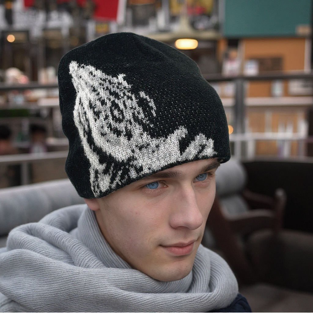 Y2K OEM Acrylic Jacquard Printed Skully Beanie Custom Embroidery Logo Winter Warm Knit Hat For Men Women Black Adult Travel