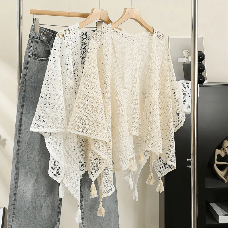 Women's Autumn Slouchy Cape Wrap Knitted Tassel Cardigan Women's Thin Spring and Autumn Shawl
