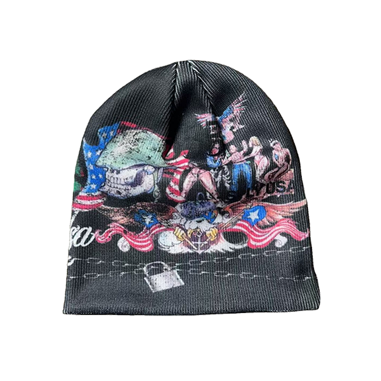 Wholesale Custom Logo Embroidery Custom Sublimation All Over Printed Unisex Knit Winter Cuffless Beanie Hat LOW MOQ