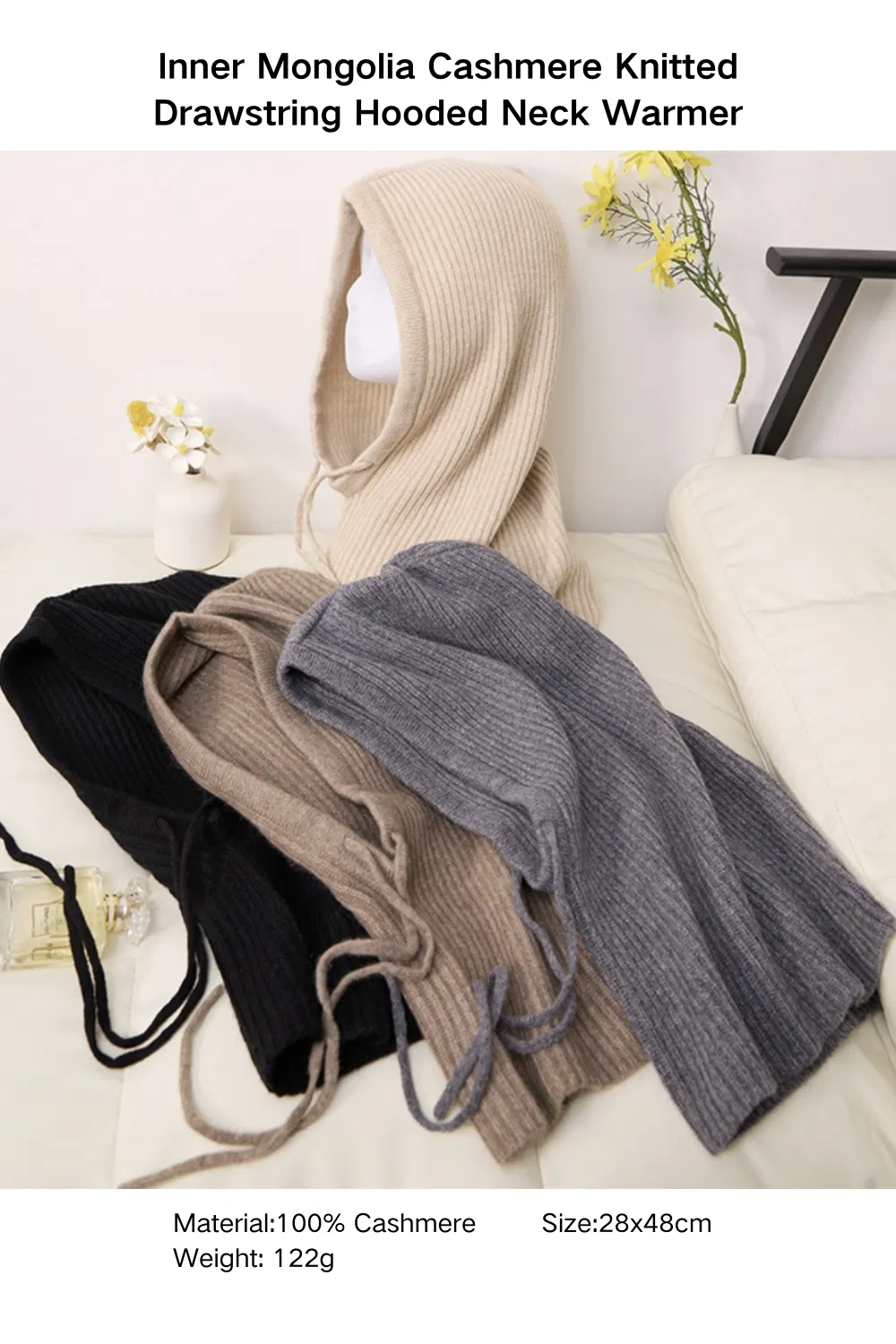 Unisex Fashion Cashmere Hat and Snood Combo with Drawstring for Thermal Insulation Winter