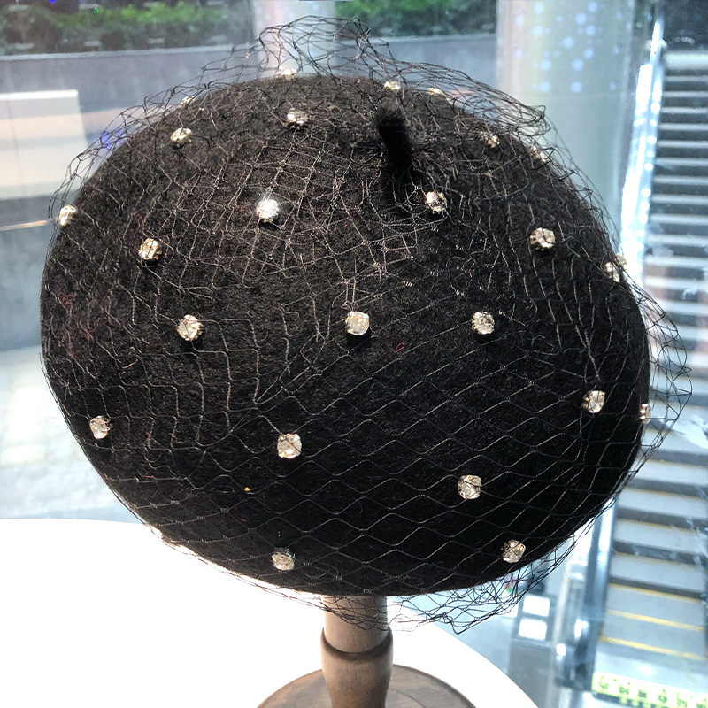 New Mesh Diamond Beret Women's Autumn and Winter Korean Version Versatile Wool Tweed Bud Hat British Winter Vintage Painter Hat