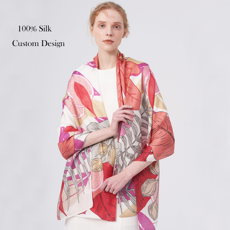Manufacturer Double Digital Printing 100% Silk Lady Hand Rolled Silk Shawl with Handmade