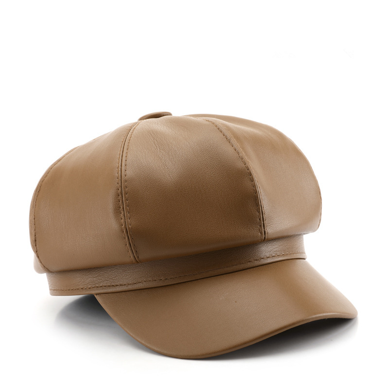 Octagonal PU Leather Breathable Women's Spring Autumn Solid Color 48-50cm Head Circumference Outdoor Street Warm Beret