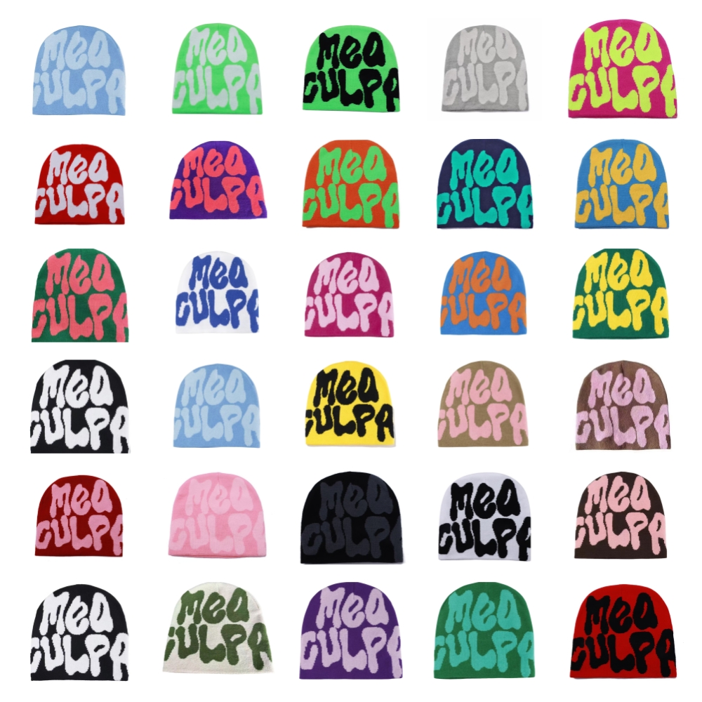 Low MOQ Custom Beanie Manufacturers All Over Print Jacquard Y2K Gothic No Cuff Fold Cuffless Winter Cap Knit Hat With Logo