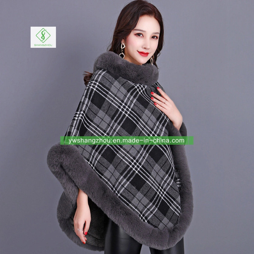 European Round Collar Plaid Women Sleeveless Cashmere Thickened Shawl Poncho