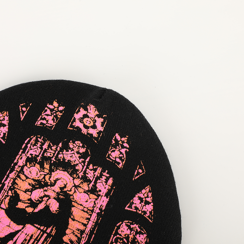 Custom Logo Acrylic Jacquard Pattern Hip-pop Street Style Winter Skully Y2K Beanie Hat No Cuff Knitted Outside with Head Pattern