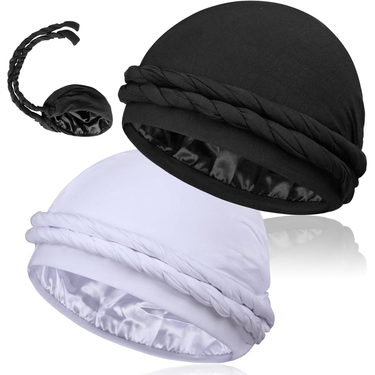 HZM-23398 Turban Durag for Men Women Pre-Tied Skull Cap Hair Loss Hat Silk-Lined Headwraps Magic Tape Sleeping Bonnet