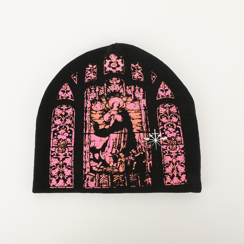 Custom Logo Acrylic Jacquard Pattern Hip-pop Street Style Winter Skully Y2K Beanie Hat No Cuff Knitted Outside with Head Pattern