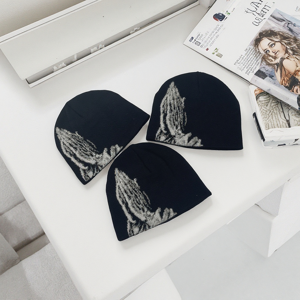 Y2K OEM Acrylic Jacquard Printed Skully Beanie Custom Embroidery Logo Winter Warm Knit Hat For Men Women Black Adult Travel