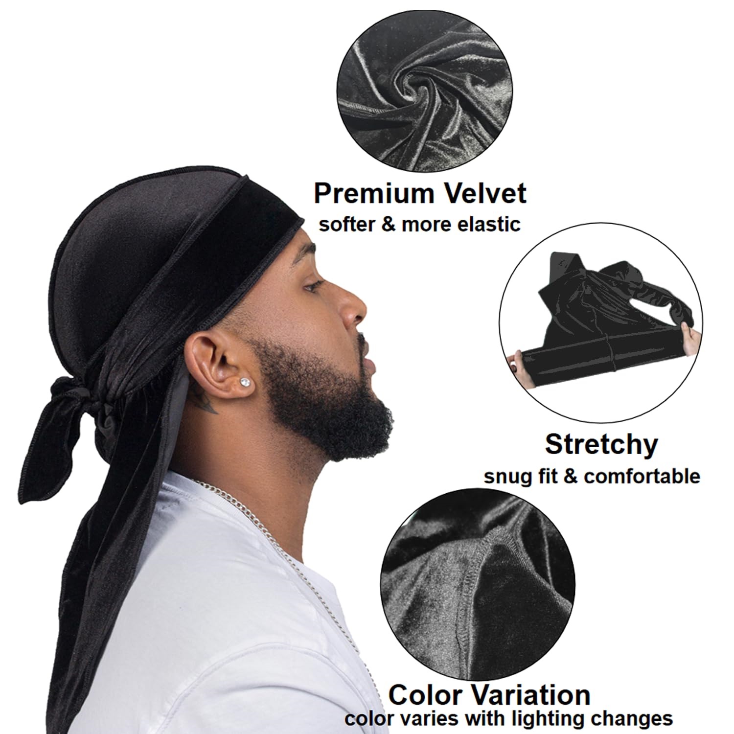 Factory Wholesale Deluxe Velvet Durags Turbans Soft Long Tail Hip-Hop Bandanas Breathable for Outdoor Use