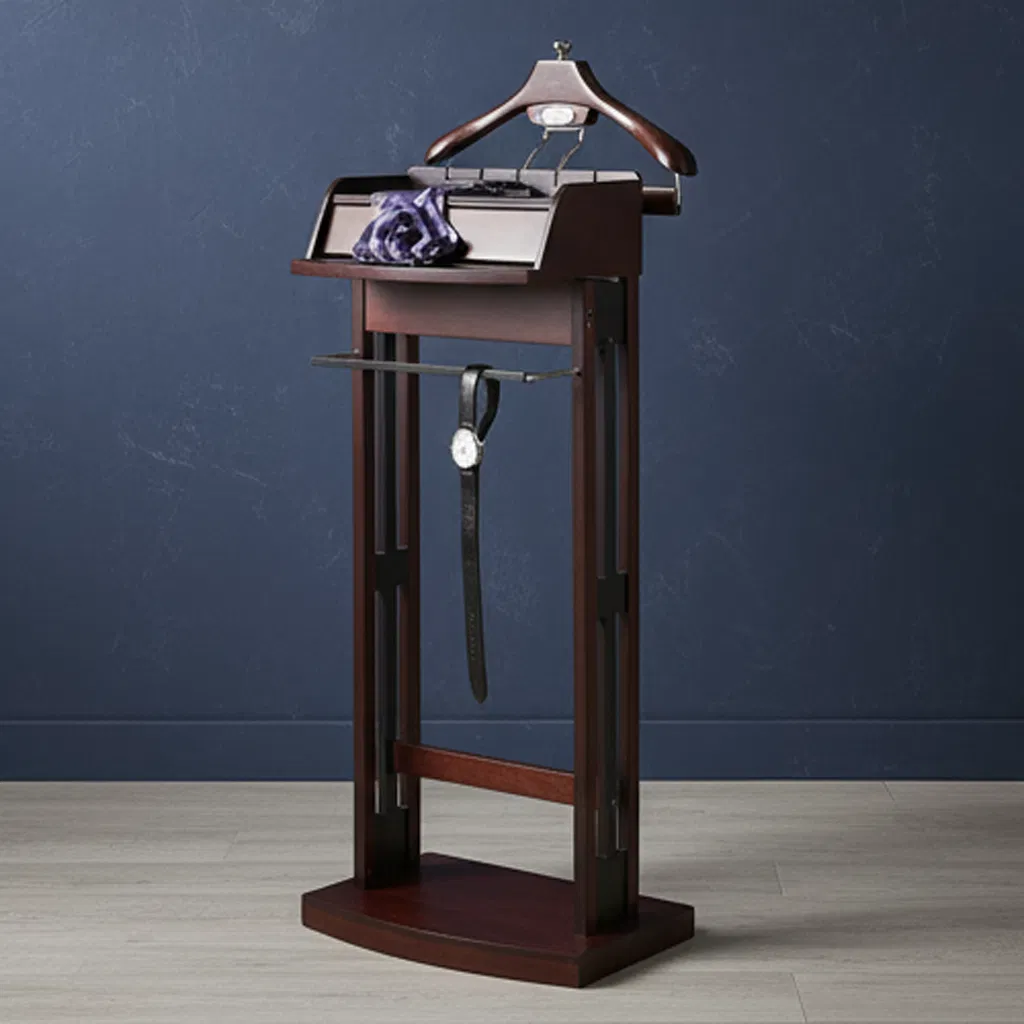 Elegant Wooden Clothes Organizer with Hanger and Tray Functional Valet Stand