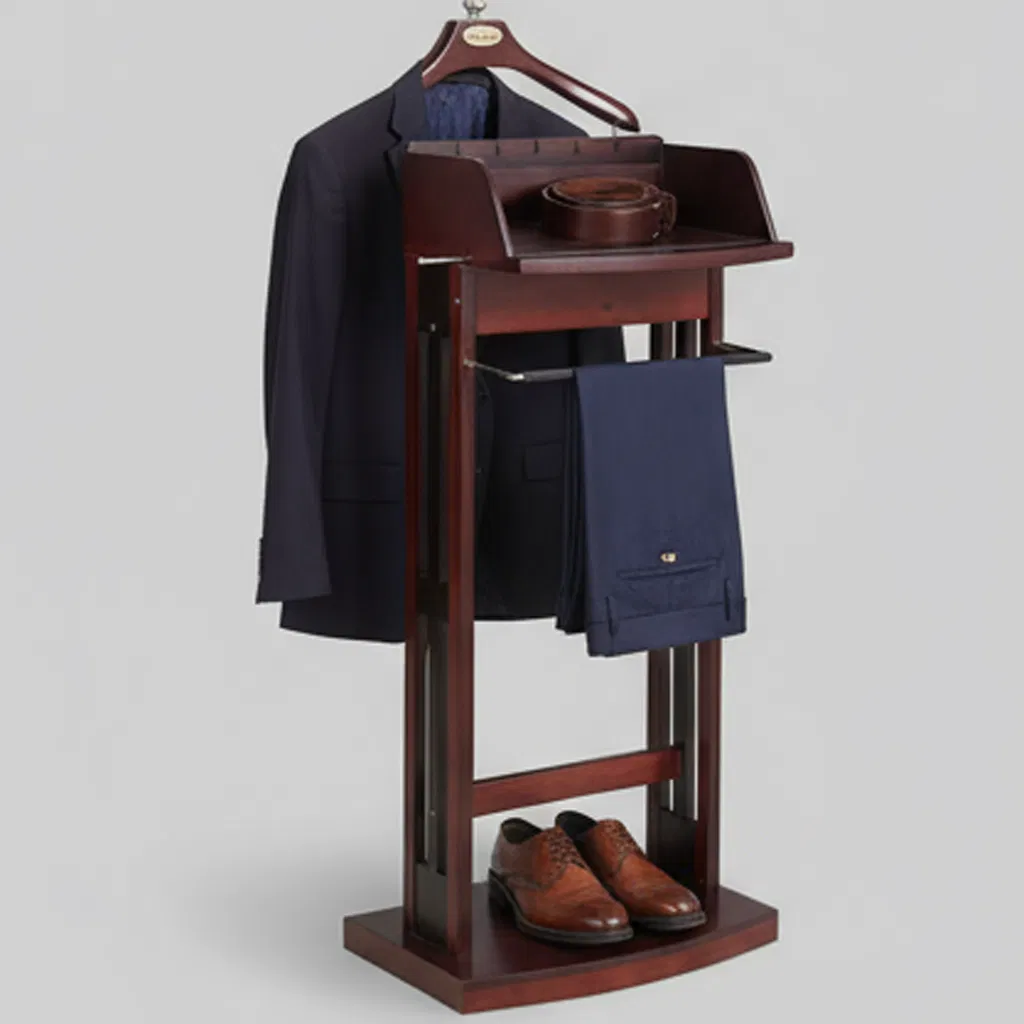 Elegant Wooden Clothes Organizer with Hanger and Tray Functional Valet Stand