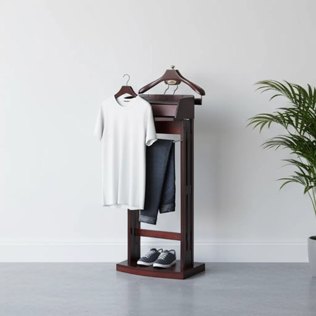 Elegant Wooden Clothes Organizer with Hanger and Tray Functional Valet Stand