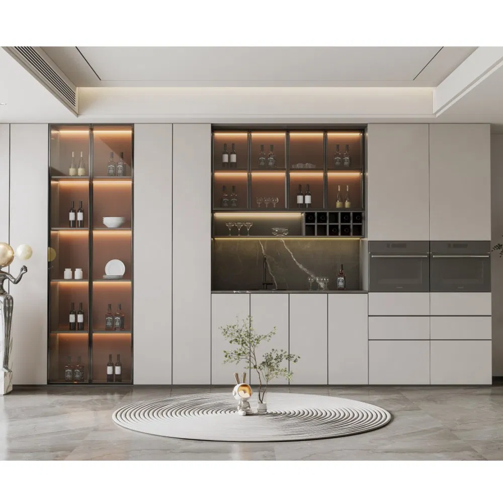 Contemporary Kitchen Buffet Sideboard Plywood Glass Doors LED Light Strip Organizer