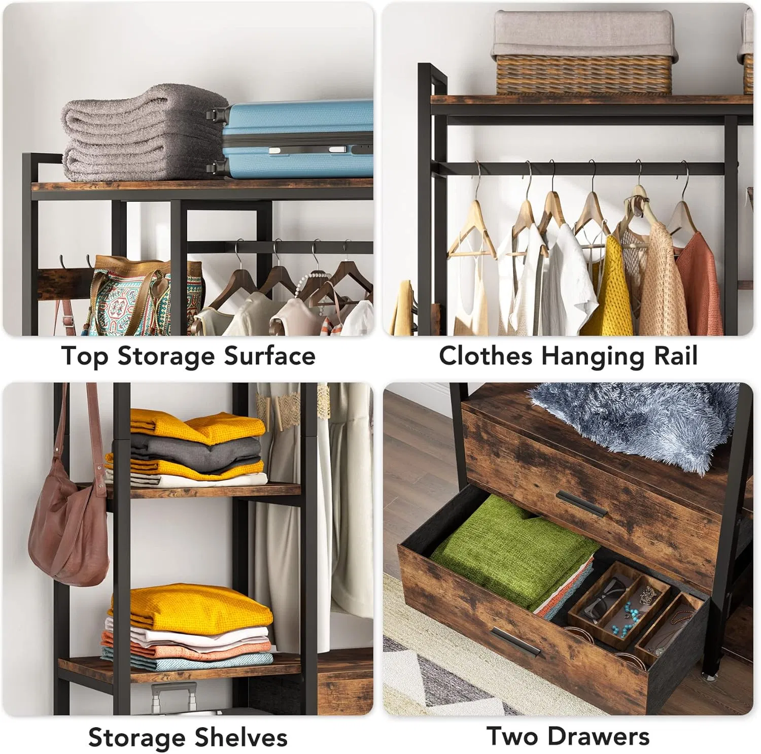 Closet Clothing Storage Organizer for Bedroom Wood Metal Wardrobe