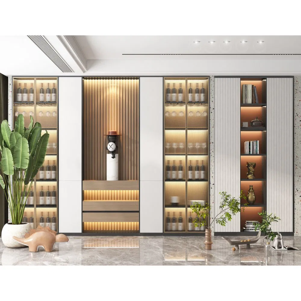 Contemporary Kitchen Buffet Sideboard Plywood Glass Doors LED Light Strip Organizer