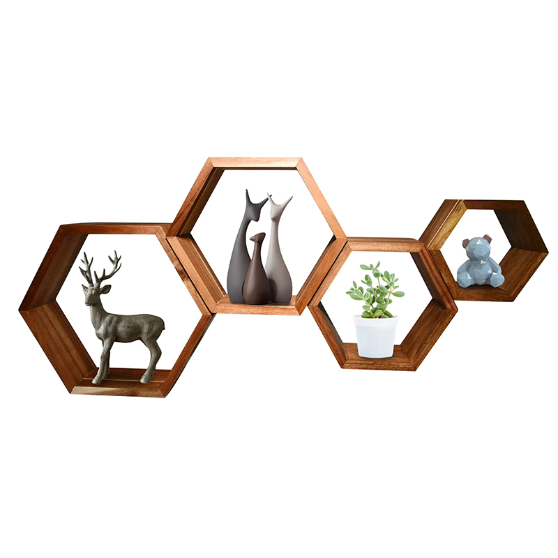 Wooden Wall Hexagon Floating Wall Mounted Storage Honeycomb Racks Shelves for Decor