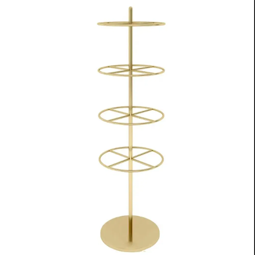 Floor Standing T-Shaped Display Rack with Multiple Storage Functions for Hanging Clothes/Hats/Bags in Black/Golden/Silver Made of Ironwork for Clothing Store