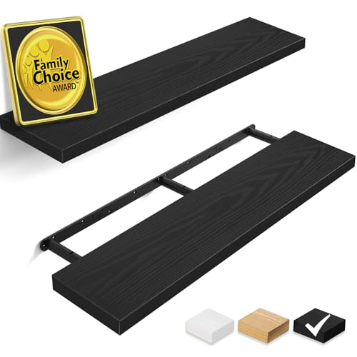 Homeforia 16 Inch Black Floating Shelves, High End Solid Real Wood 16inch Bathroom Floating Shelves for Wall Mounted, 16in Wooden Small Floating Shelf, Heavy Du