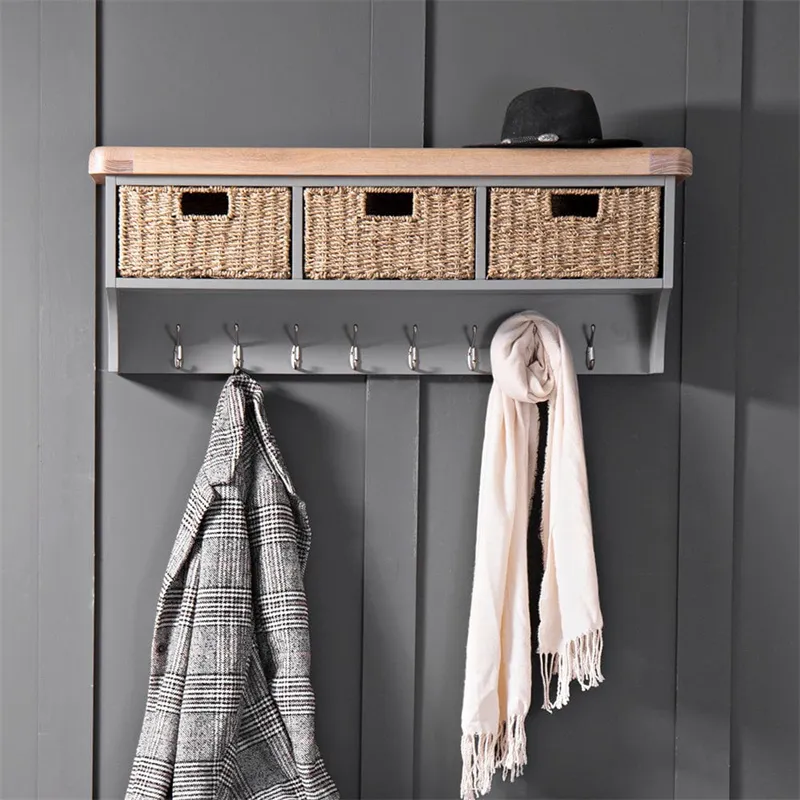 New Arrival Wooden Wall Mounted Grey Painted Oak Large Coat Rack Metal Clothes Hat Hanging Display Rack with 3 Storage Open Cabinet with Wicker Baskets