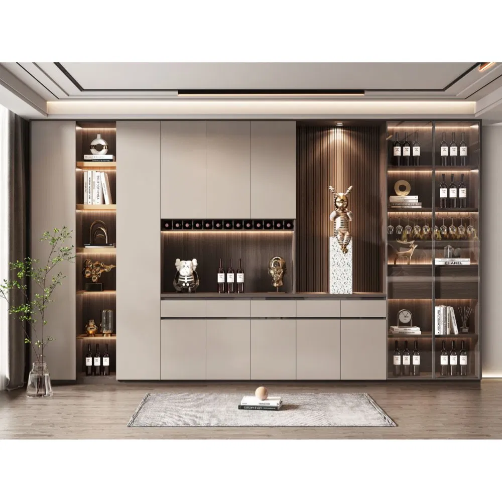 Contemporary Kitchen Buffet Sideboard Plywood Glass Doors LED Light Strip Organizer