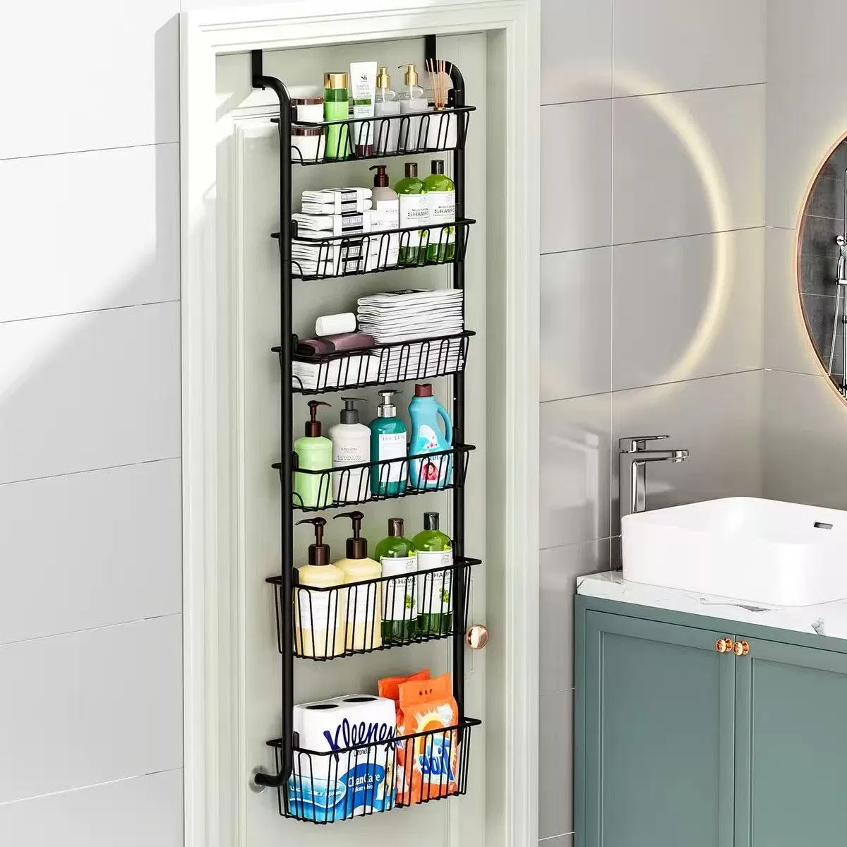 Adjustable Multi-Layer Punchless Storage Basket on Door for Bathroom and Kitchen Home Organizer