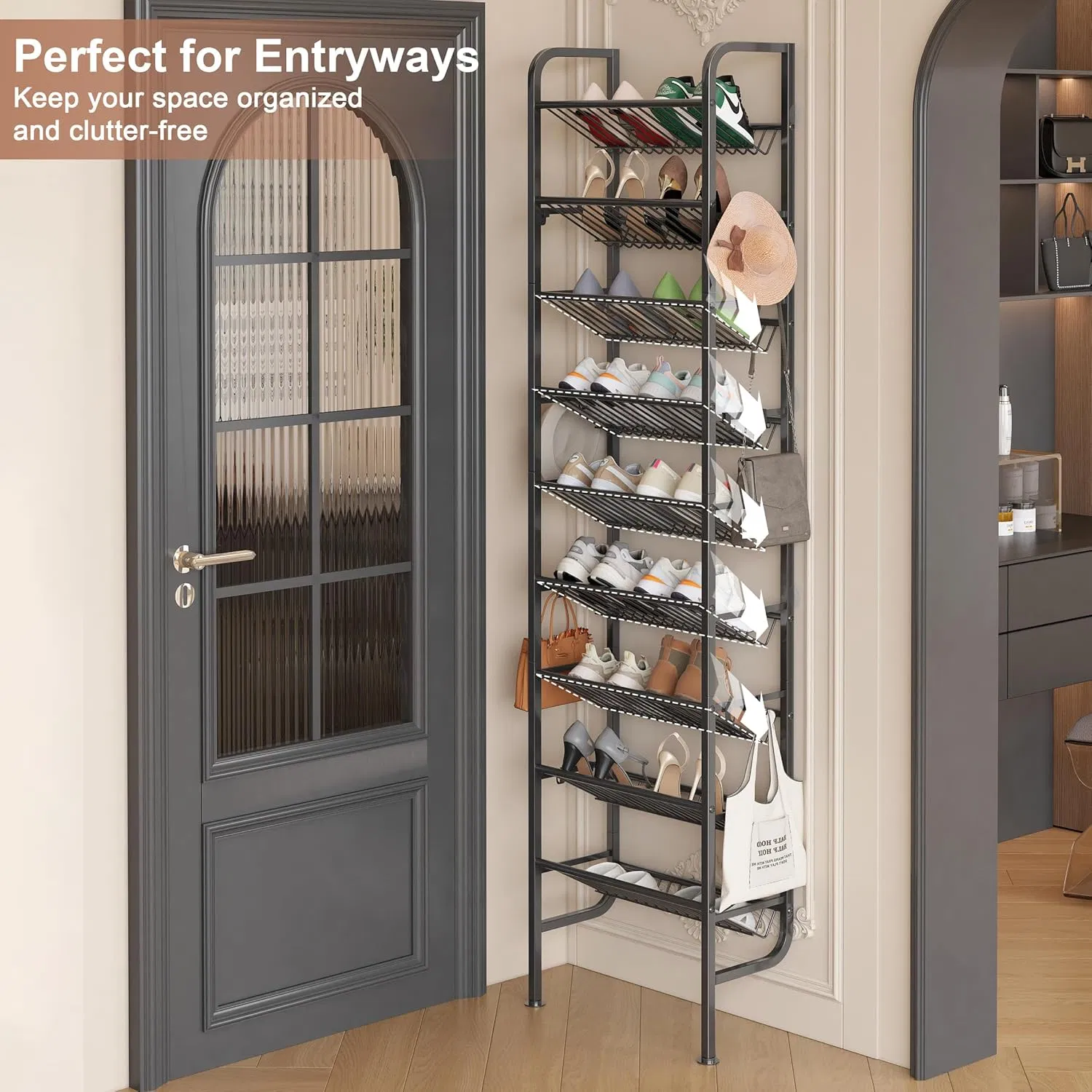 Baseboard-Friendly Narrow 9-Tier Shoe Organizer with Hooks for Over-The-Door Home Entryway