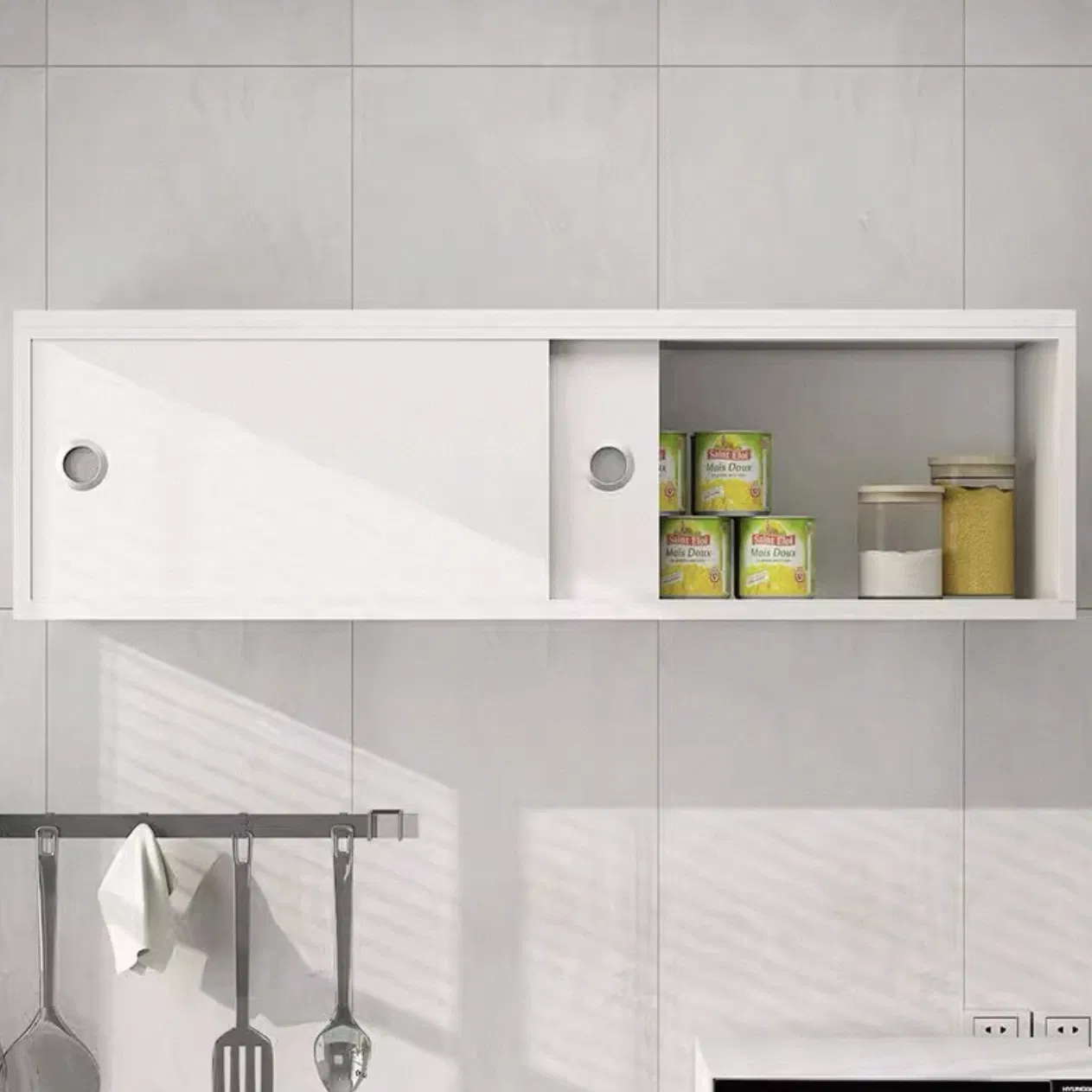 Elegant Wooden Wall-Mounted Kitchen Organizer with Sliding Doors