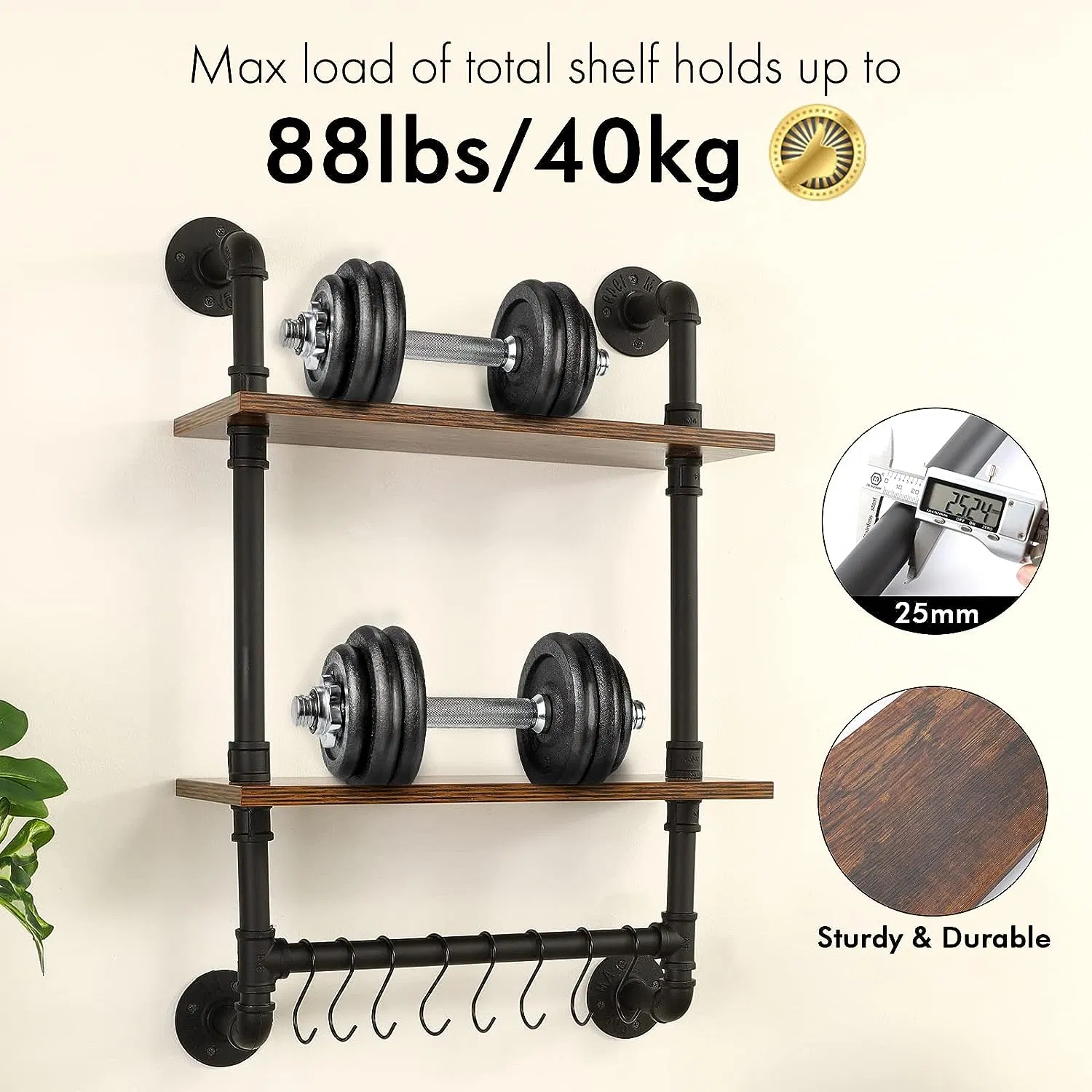 Wall Mounted Industrial Style Pipe Floating Shelf with Iron Pipe Connectors for Farmhouse