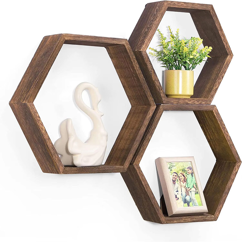 Wooden Wall Hexagon Floating Wall Mounted Storage Honeycomb Racks Shelves for Decor