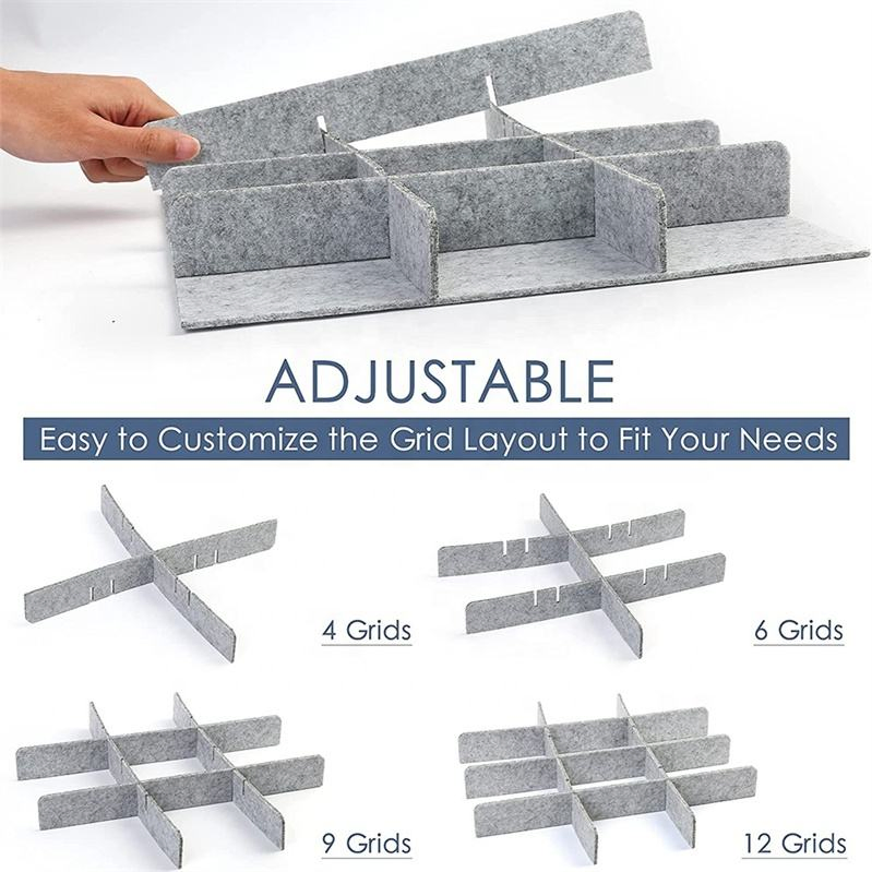 Felt Drawer Organizer Grey Grid Adjustable Drawer Separator Dividers