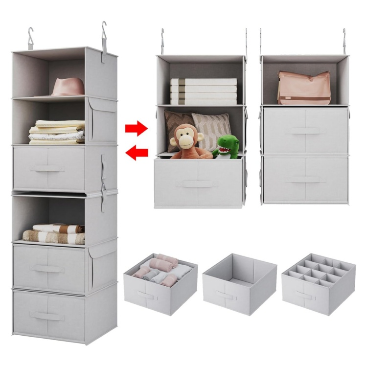 6-Shelf Hanging Closet Organizer Shelf Hanging Shelves with 3 Drawers for Wardrobe