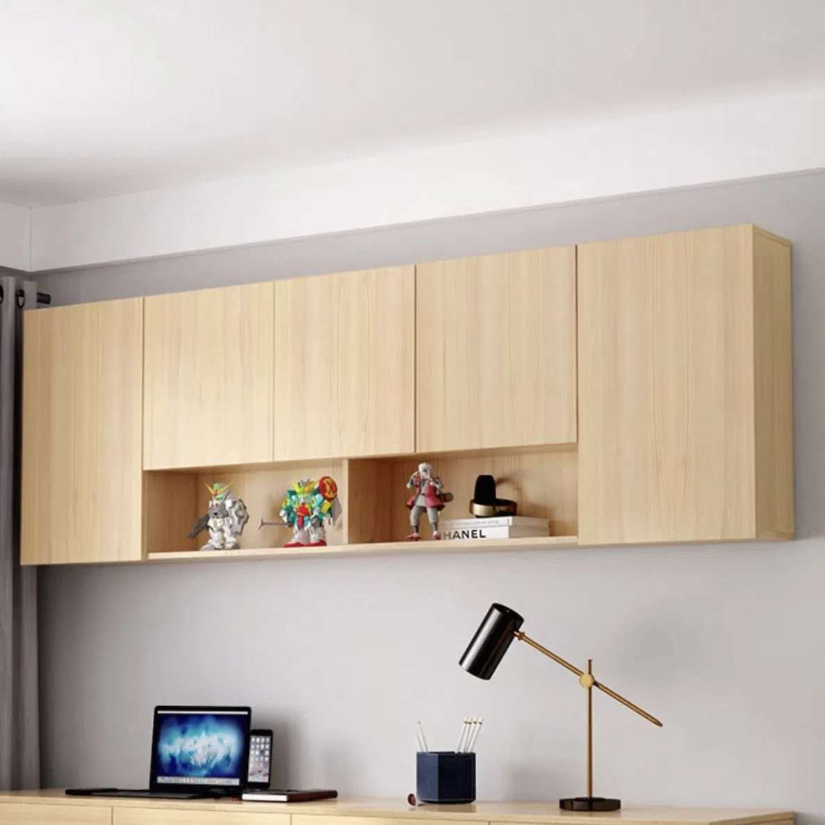 Elegant Wooden Wall-Mounted Kitchen Organizer with Sliding Doors