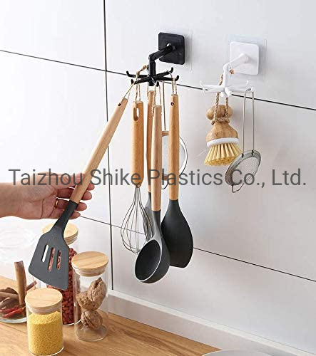 Kitchen Utensil Holder with 6 Hooks, 2 Pack Rotatable Adhesive Wall Hooks Space Saving No Drilling Wall Mounted for Hanging Lid Spatula Organizer Kitchen Hooks