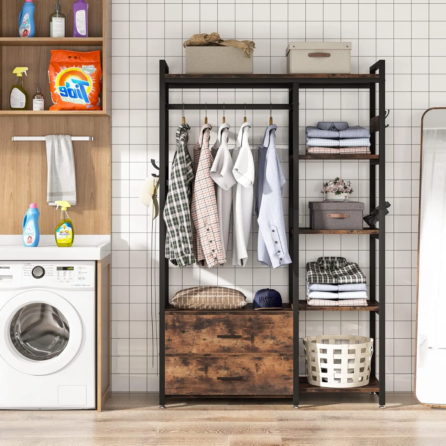 Closet Clothing Storage Organizer for Bedroom Wood Metal Wardrobe