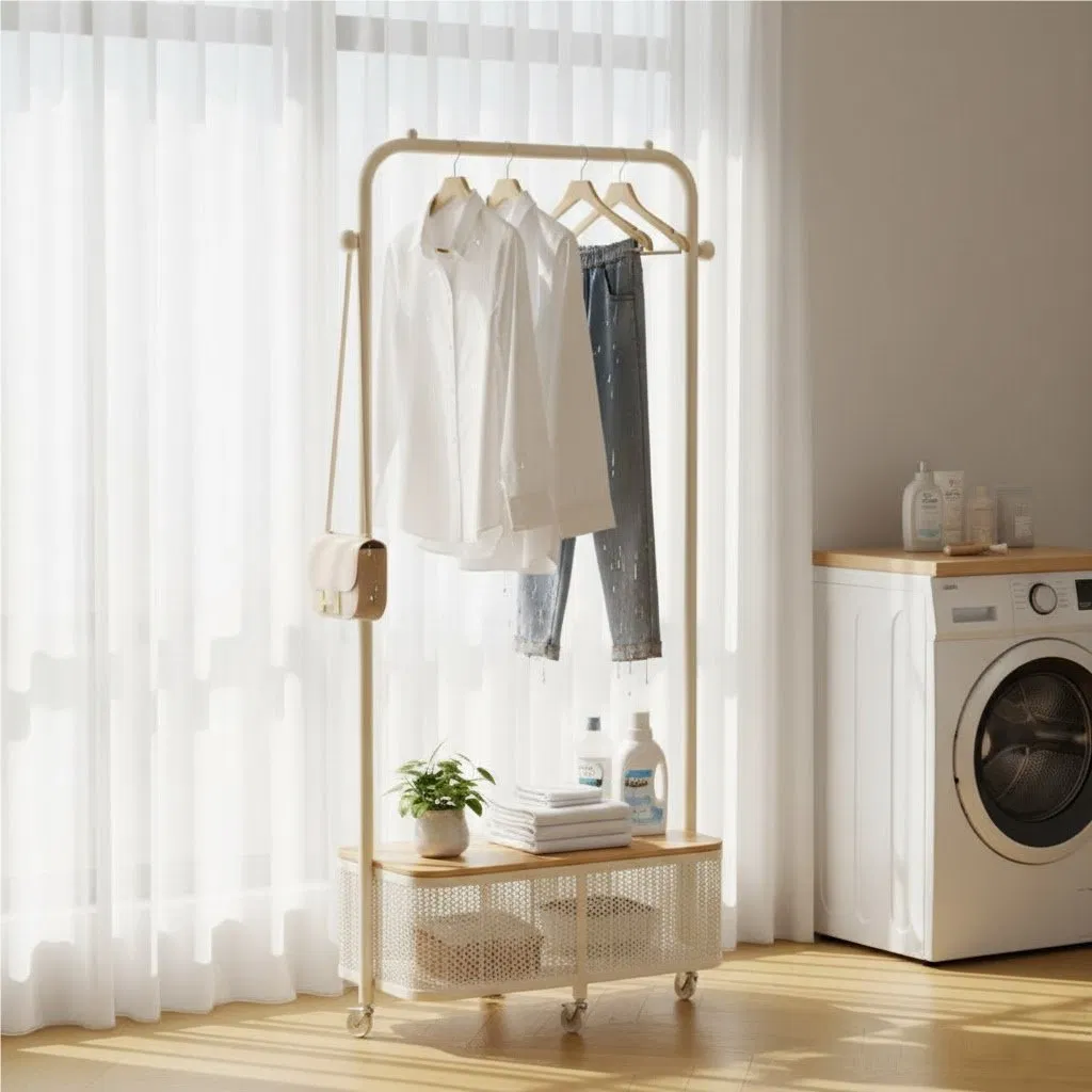 Floor Standing Wardrobe Rack: Stylish Design with Movable Hat Holder