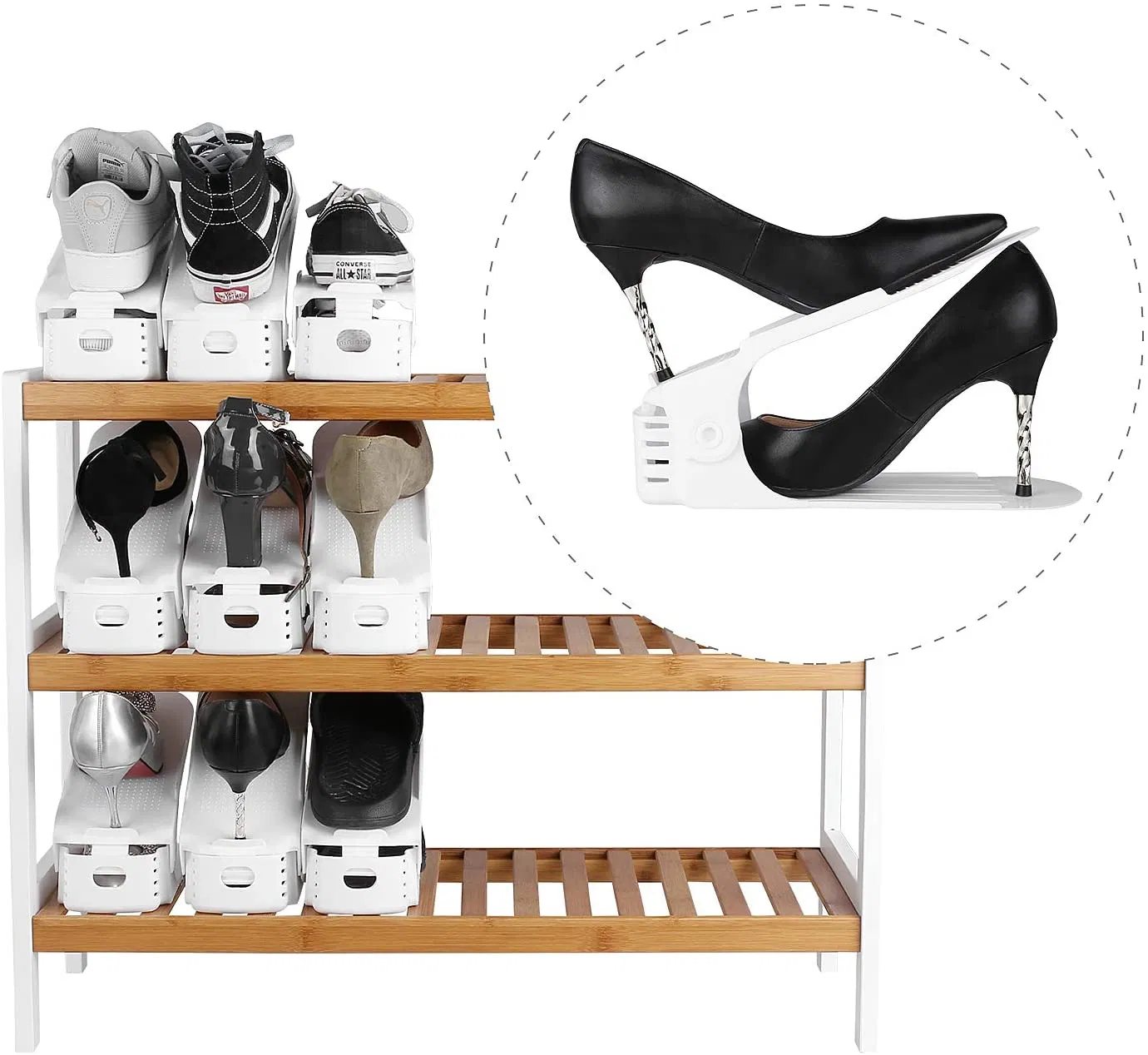Space Saver 4-Step Adjustable Shoe Rack Plastic Double Shoe Slots Organizer for High/Low Heels, Sneakers, Boots and Sandals