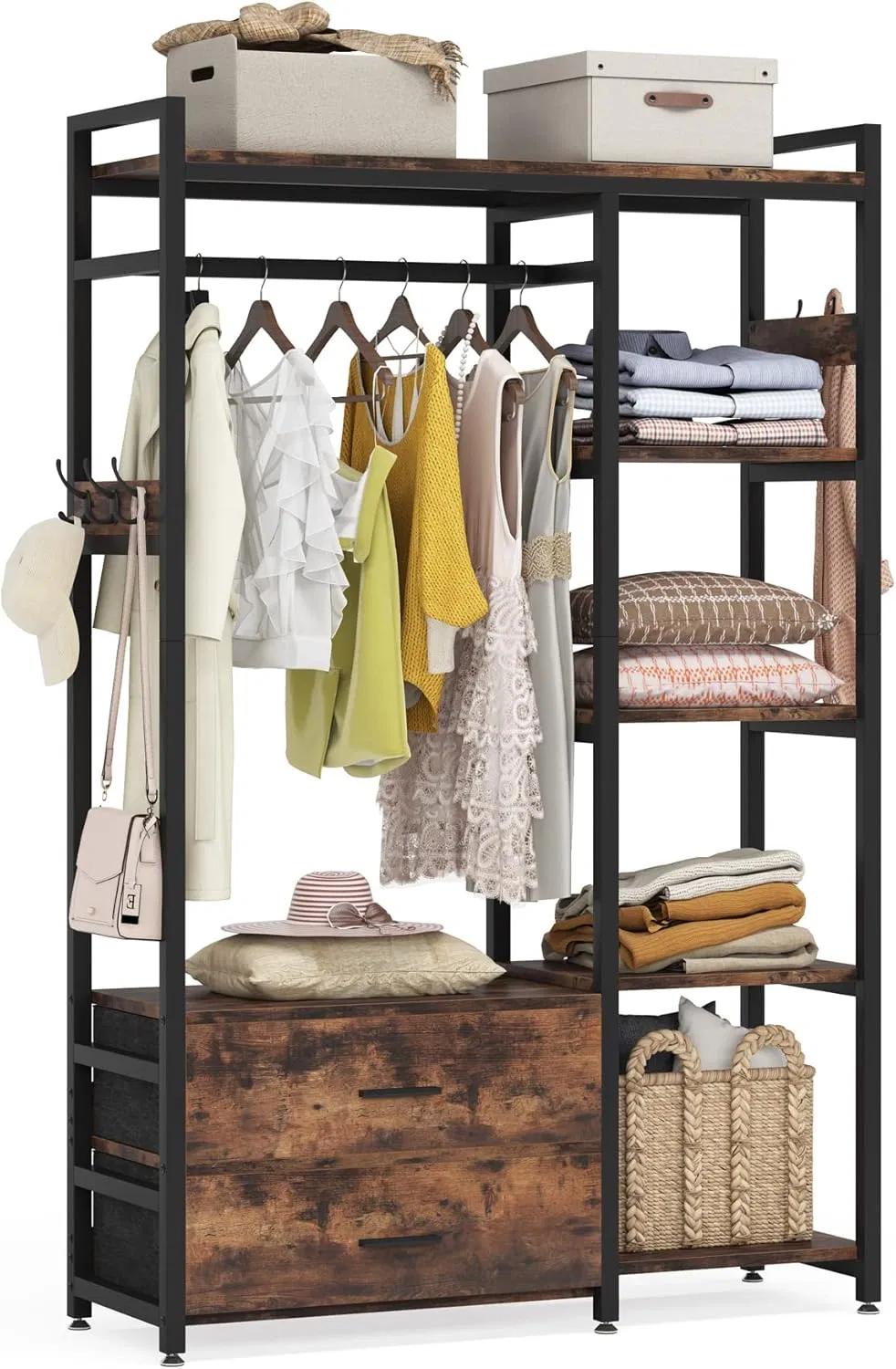 Closet Clothing Storage Organizer for Bedroom Wood Metal Wardrobe