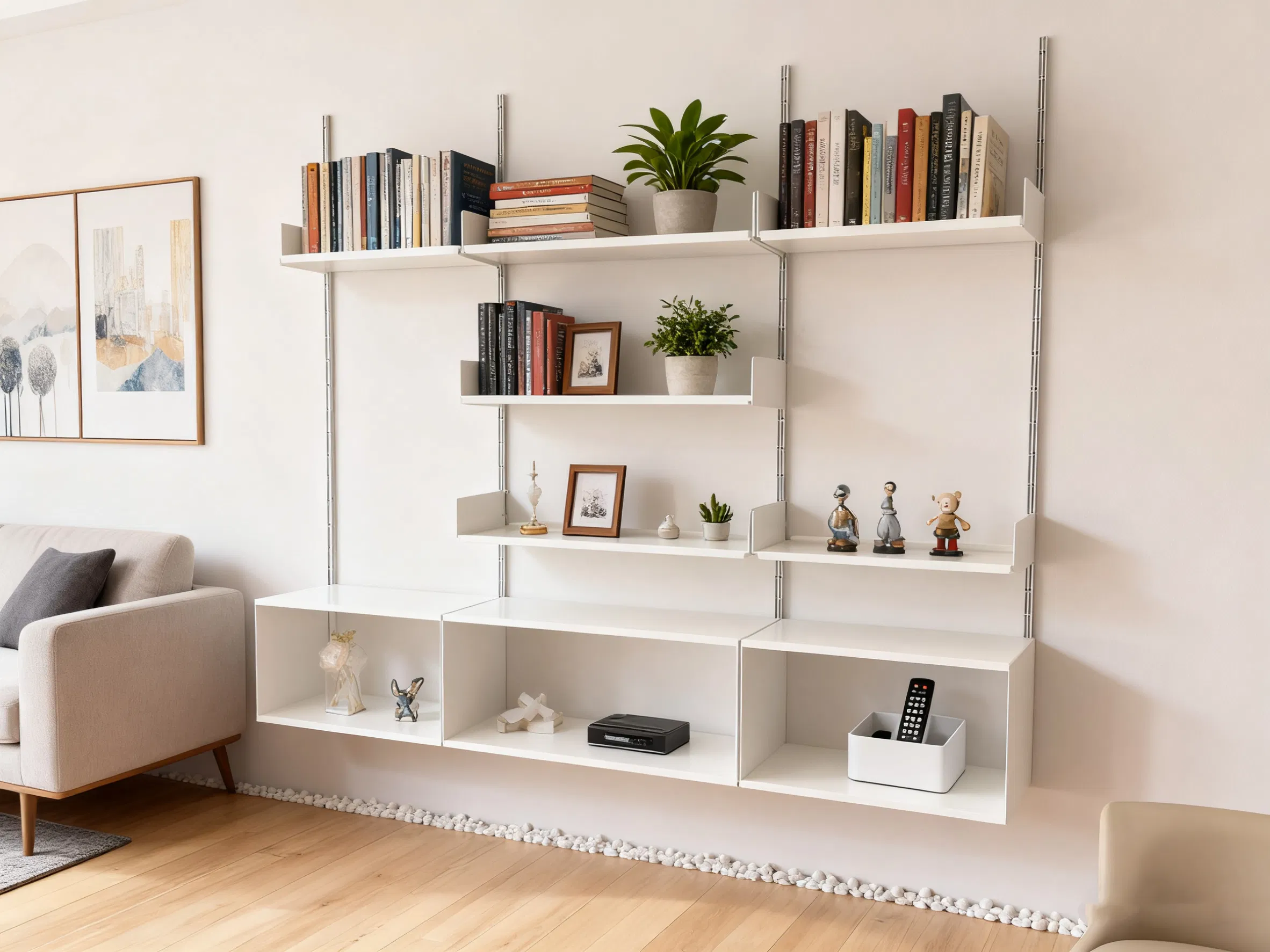 White Steel Floating Wall Modular Shelf System with Adiustable Track Post for Living Room