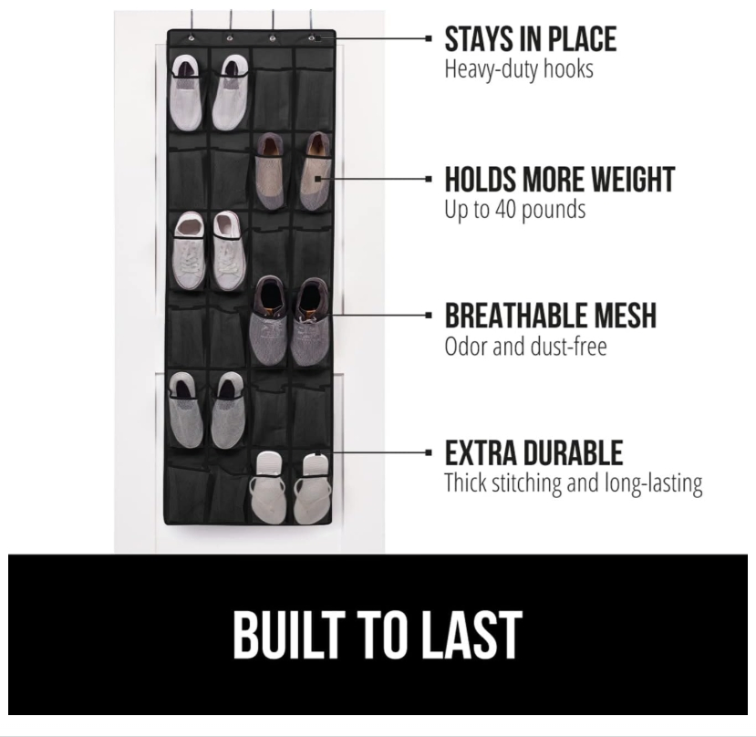 24 Large Breathable Mesh Pockets Over The Door Shoe Organizer