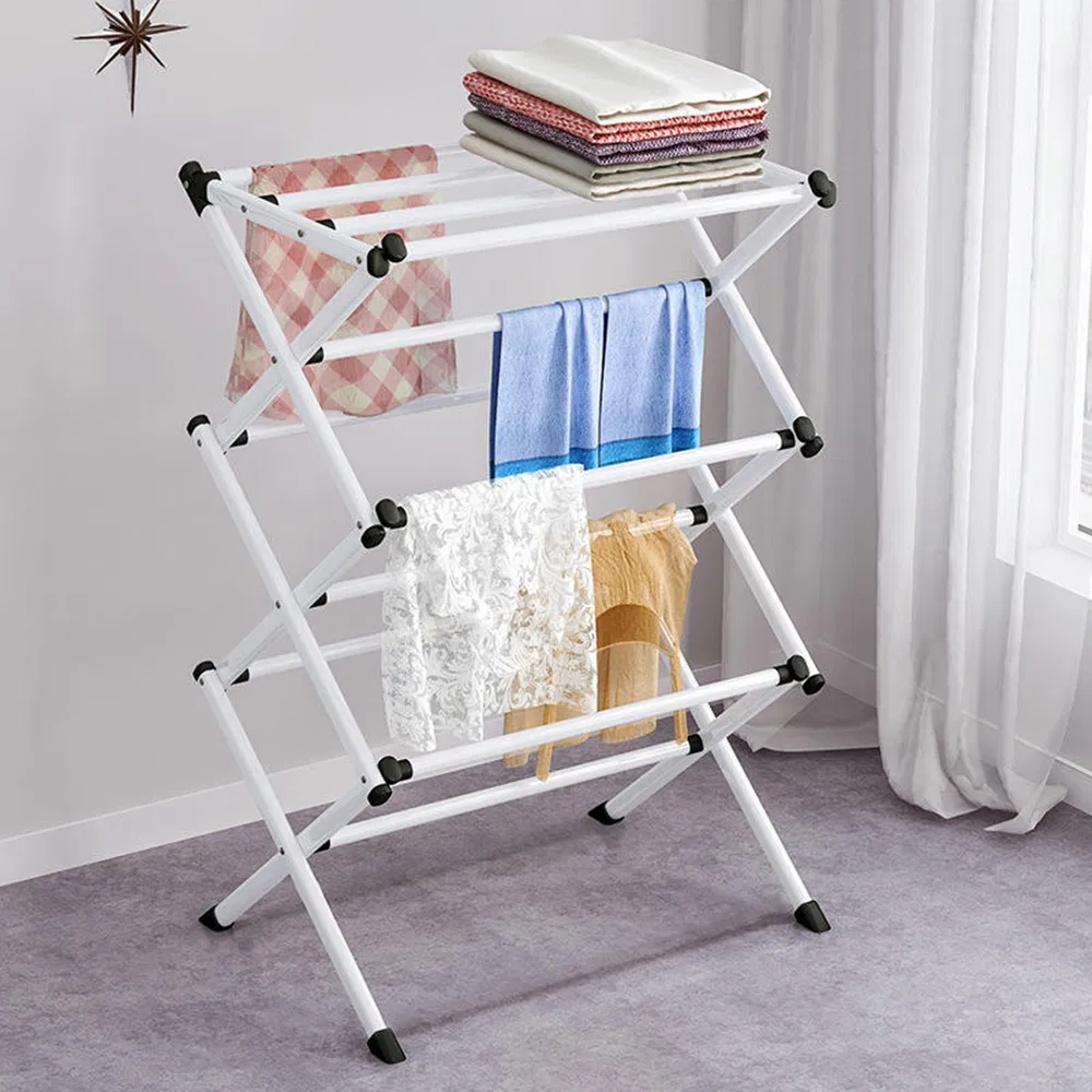 New Fashion Foladable Floor Standing Iron Clothes Laundry Drying Rack in White/Grey/Black/Silver with Multi-Layer and Retractable Design for Hat/Towel/Socks