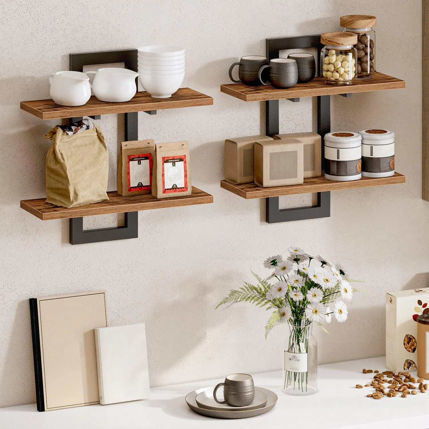 Wall Mounted Storage Shelves 2-Tier Hanging Shelves Floating Shelves Wall Shelf for Living Room Bedroom Bathroom Kitchen Rustic