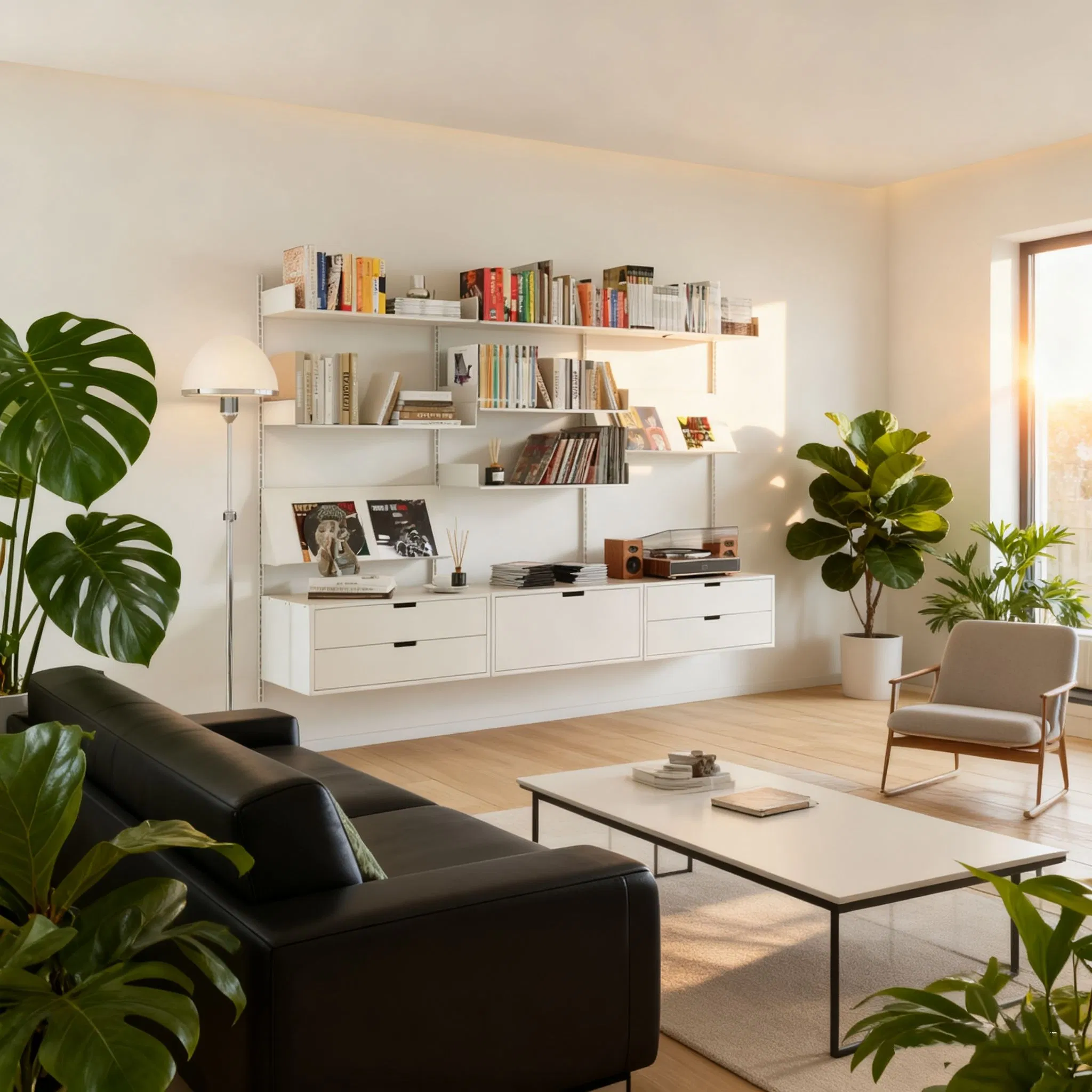 White Steel Floating Wall Modular Shelf System with Adiustable Track Post for Living Room