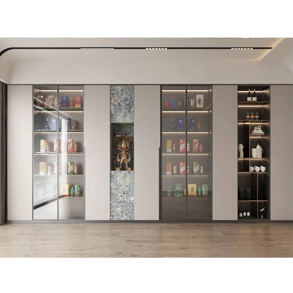 Contemporary Kitchen Buffet Sideboard Plywood Glass Doors LED Light Strip Organizer