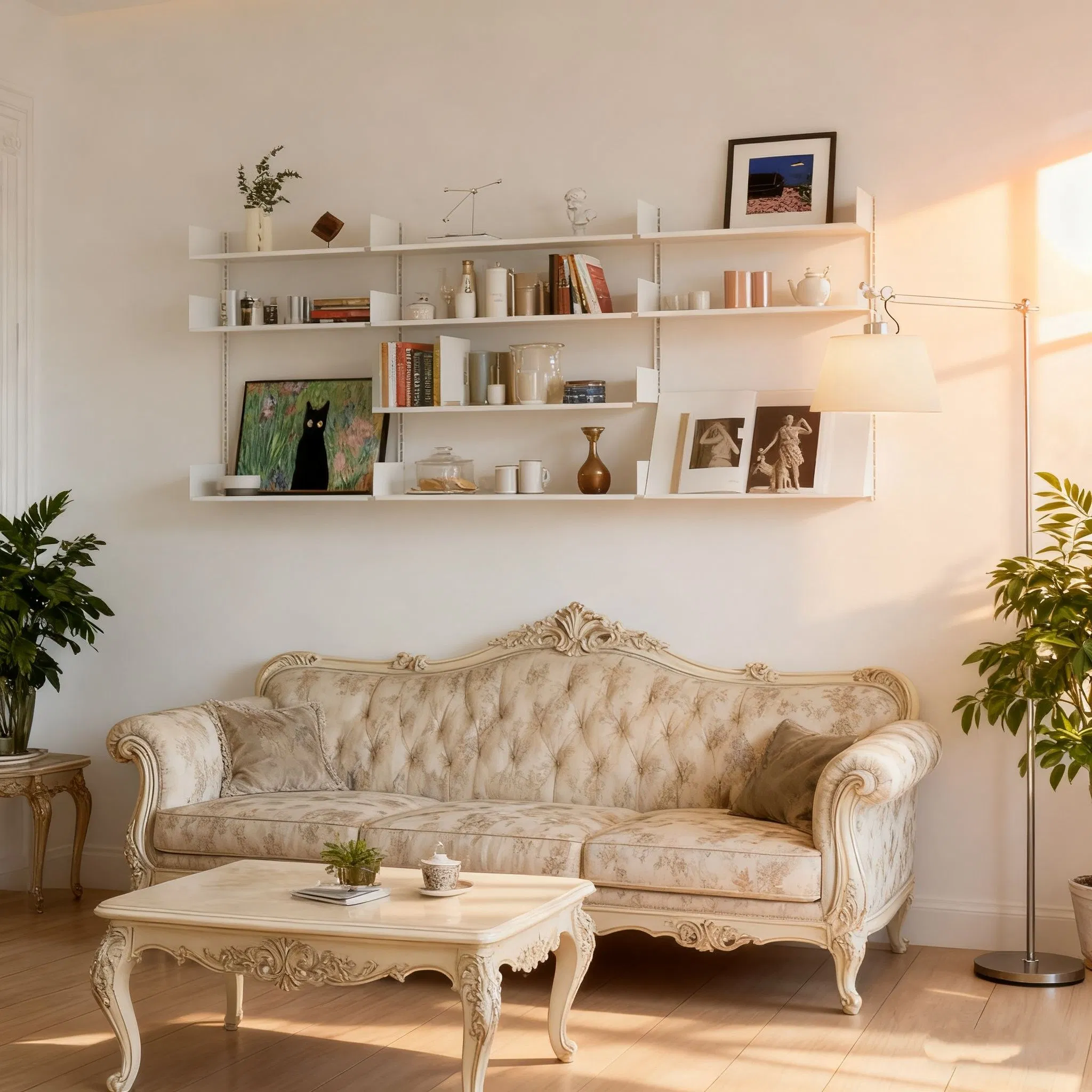 White Steel Floating Wall Modular Shelf System with Adiustable Track Post for Living Room